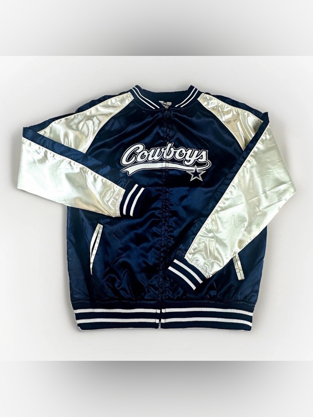 Dallas Cowboys Women's Small Satin Bomber Jacket Navy Silver NFL NWT Varsity